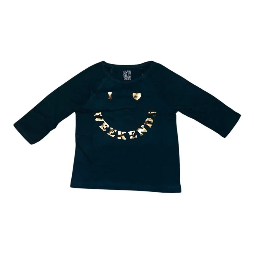 Gymboree Girls Green I Love Weekends Graphic Long Sleeve T-Shirt Small NWT